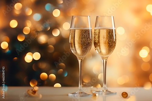 Two glasses of champagne on the table. New Year's champagne. Christmas background