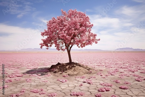Blooming cherry blossom sakura signifies hope as a lone tree thrives in the desert. Generative AI