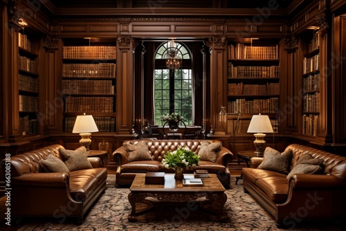 Plan a traditional library with rich wood paneling and classic furniture