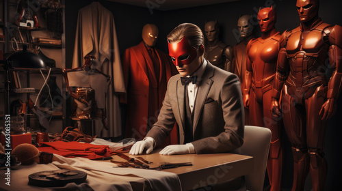 A man in a suit and red suit is working on a costume