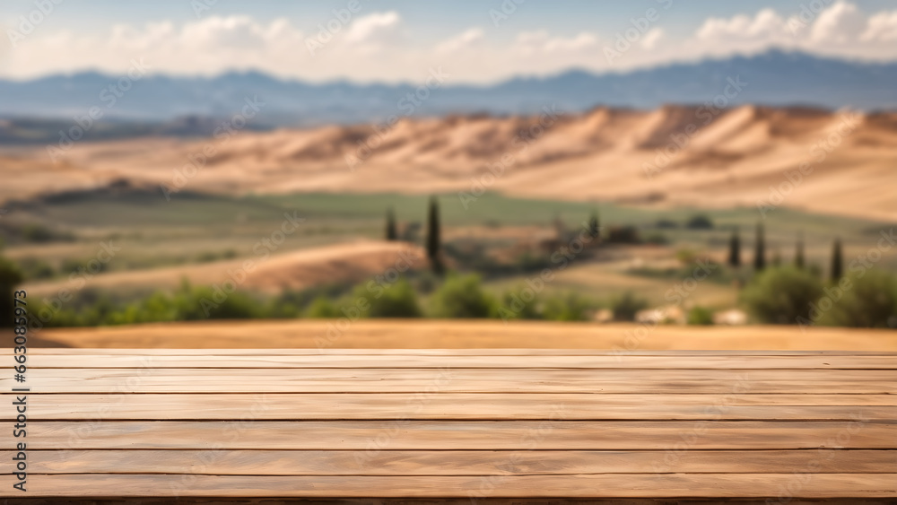 empty wooden table with blur beautiful dry nature background