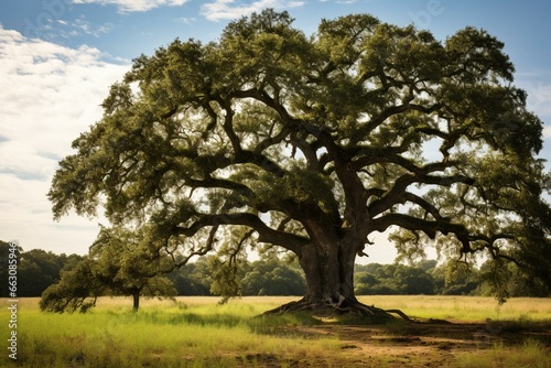 An old and powerful oak tree standing tall. Generative AI