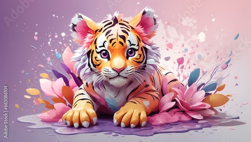 A colorful tiger with blue eyes and a purple and orange face, Tiger cub character 3d render 