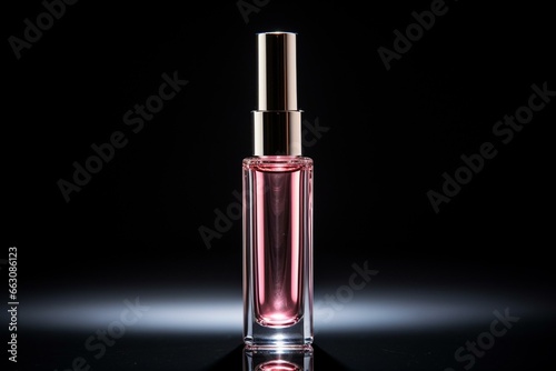 An open bottle of lip oil in front view  isolated against a black background. Generative AI