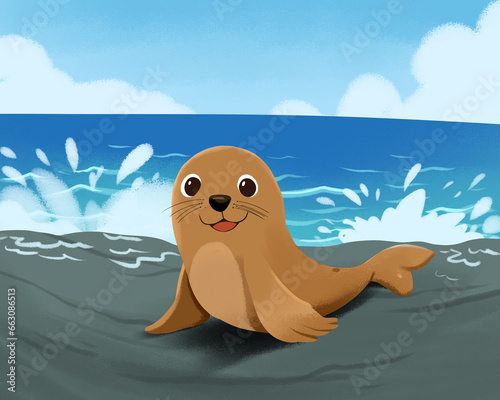 illustration of a sea lion resting on the shore with crashing waves. Blue clear sky