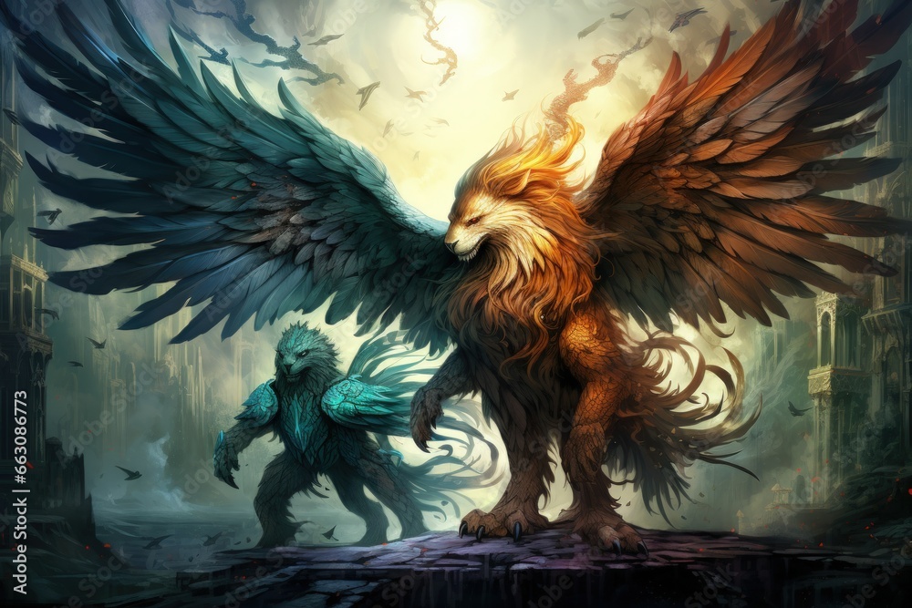 Loyal griffins, majestic creatures with the body of a lion and the wings of an eagle - Generative AI Loyal griffins, majestic creatures with the body of a lion and the wings of an eagle - Generative AI