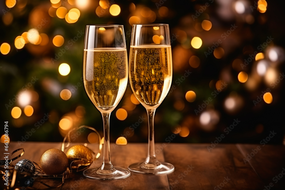Two glasses of champagne on the table. New Year's champagne. Christmas background Two glasses of champagne on the table. New Year's champagne. Christmas background