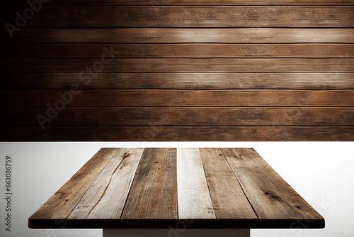a clear wooden table with brown wood and a wall for a product scene or food commercial. Generative AI
