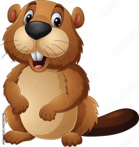 Cartoon happy beaver on white background