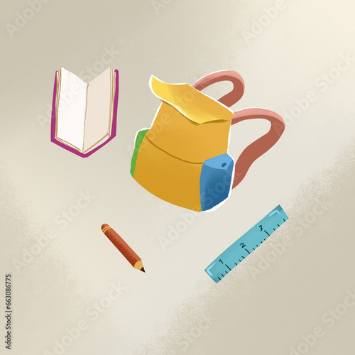 illustration of bag, book, pencil and ruler. Fun concept illustration