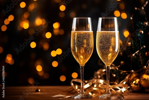 Two glasses of champagne on the table. New Year's champagne. Christmas background