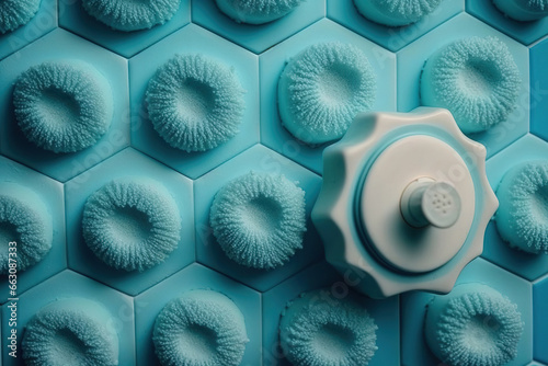 Blue tiles and soap foam in a bathroom shower. Generative AI
