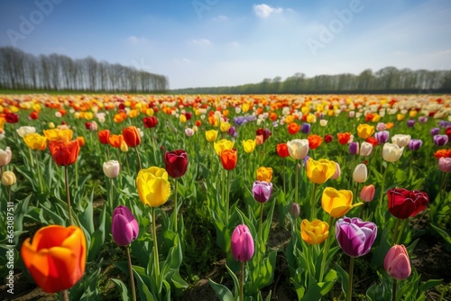 Colorful tulips in a field. Generative AI