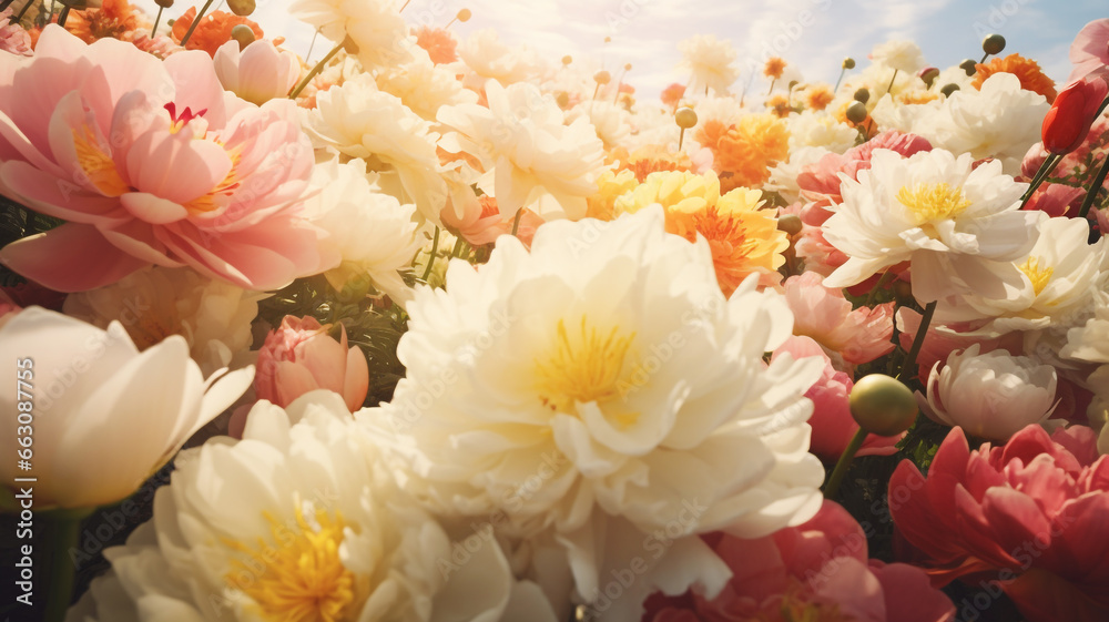 Beautiful peony flowers in the meadow