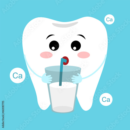 Cute tooth with a glass of milk. Calcium of teeth.