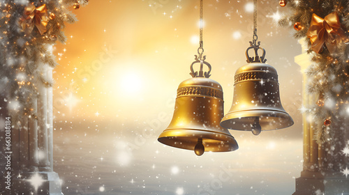 Festive Delight: Golden Bell on Bokeh Canvas Glistening Bell Charm in a Snowy Winter Wonderland with Bokeh Magic generative ai