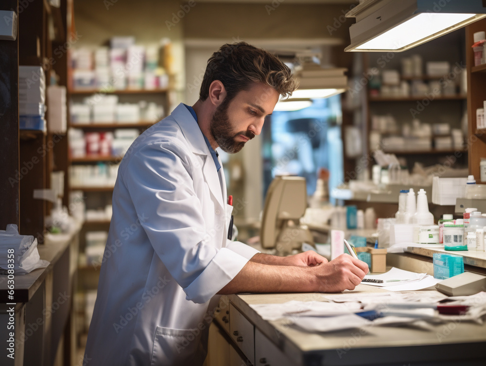 A Photo of a Pharmacist Meticulously Counting Pills Behind the Counter