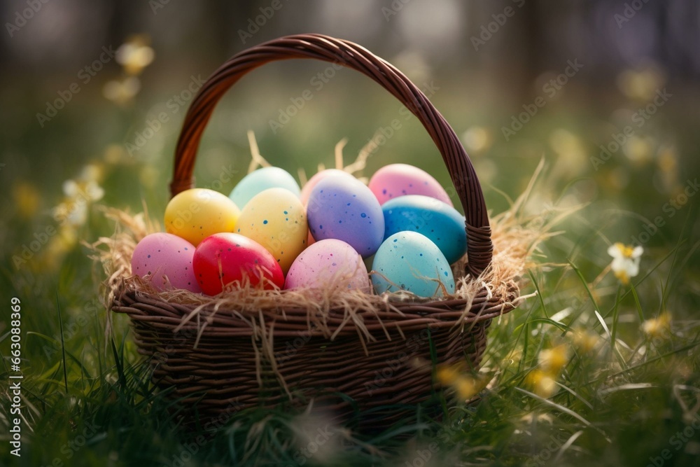 Basket filled with beautifully painted Easter eggs in a bright spring meadow. Generative AI