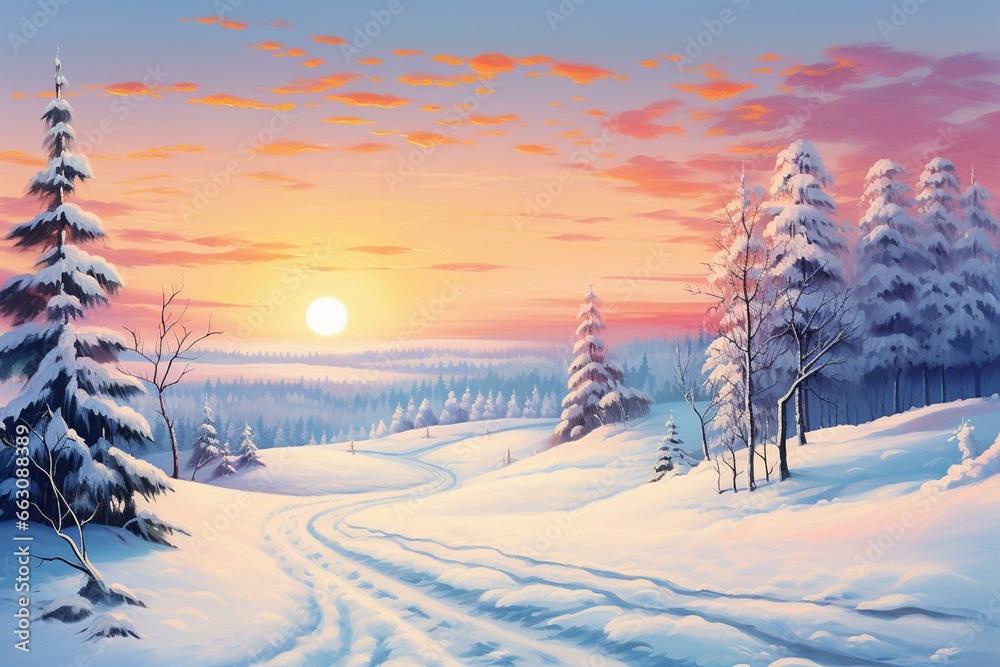 Scenic snowy road at sunrise in winter, portrayed in an artistic illustration. Generative AI