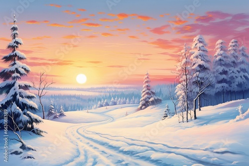 Scenic snowy road at sunrise in winter, portrayed in an artistic illustration. Generative AI © Gia