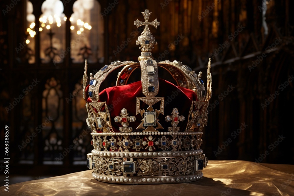 Jeweled British crown on throne. Generative AI - obrazy, fototapety, plakaty 
