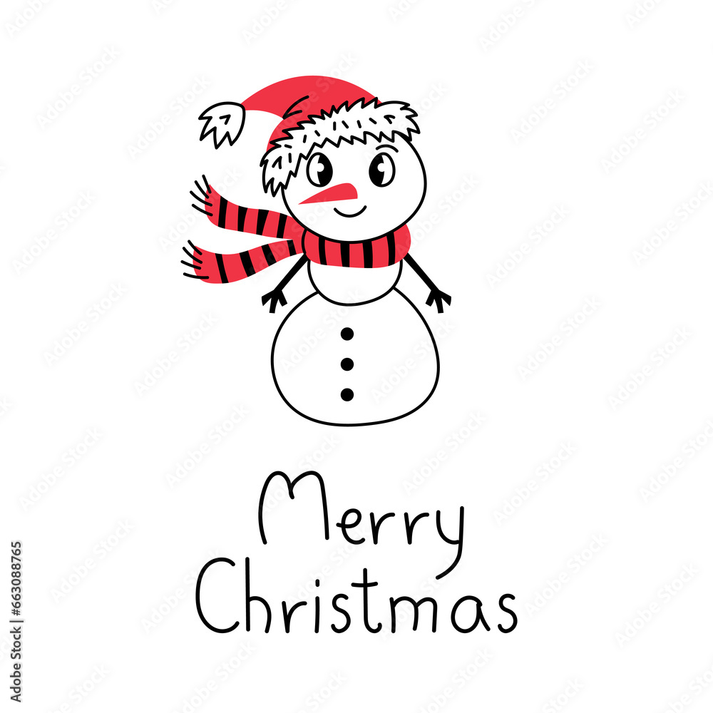 Merry Christmas Greeting card with snowman. Funny cute snowman in Santa Claus hat and scarf with handwritten lettering. Vector illustration.