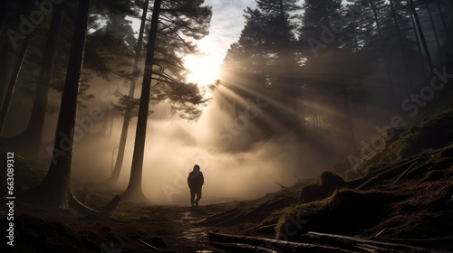 people walking in the mistty morning pine forest with ray of light sun light AI Generated illustration image 16:9