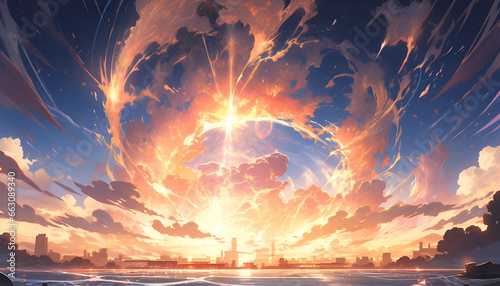 Beautiful Circular Sun Lit Clouds Anime Toon Style Landscape Illustration