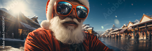 Santa in sunglasses - landscape banner shot - high-end ski resort - vacation - getaway - holiday - extreme close-up shot - low angle shot 