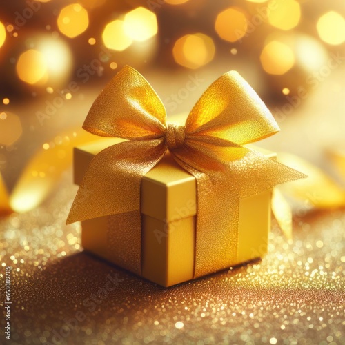 yellow gift box with golden ribbon bow on holiday festivel glitter sparkles and bokeh blurred background