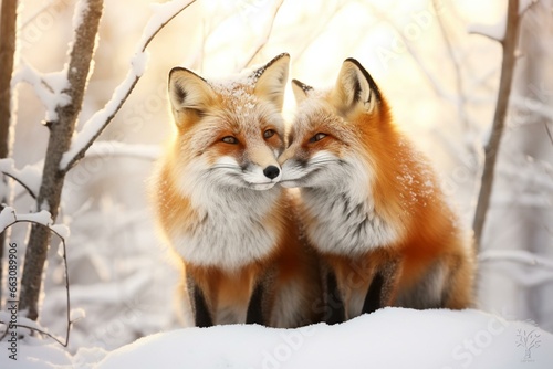 Lovely foxes in snowy forest. Generative AI © Ebrahim