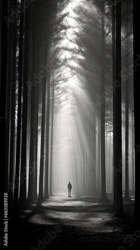 people walking in the mistty morning pine forest with ray of light sun light AI Generated illustration image 9:16