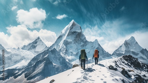 Mountain climbers walk on the ice mountains of Kilimanjaro glacier AI generated illustration image 16:9 © Budi Rahardi