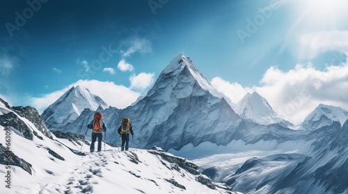 Mountain climbers walk on the ice mountains of Kilimanjaro glacier AI generated illustration image 16:9