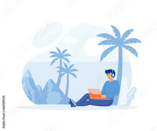 Work anywhere. Online modern communication technology. Man working on internet via laptop resting on tropical beach. Be connected everywhere. flat vector modern illustration