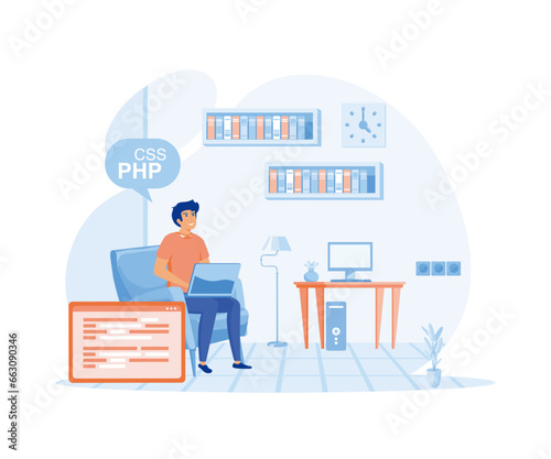 Young beautiful girl programmer behind a laptop and a computer writes a code. flat vector modern illustration