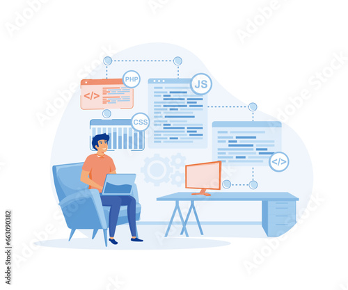 Young programmer concentrated at working project. Developing programming and coding technologies. flat vector modern illustration.