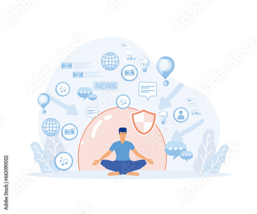 Information overload concept. Dome filter protects the girl from unnecessary information,  flat vector modern illustration
