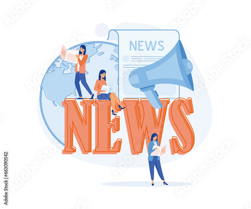 People around news sign sitting and reading newspapers. Mass media, breaking news, latest news. Global news concept. flat vector modern illustration