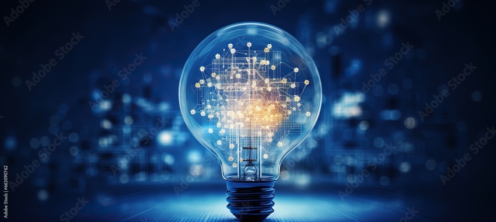 A light bulb with a complex digital network inside against a dark technological background. Artificial intelligence and Innovative technology concept. - obrazy, fototapety, plakaty 