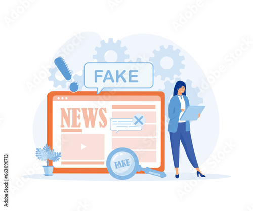 Fake news online vector or important breaking news concept on daily digital tablet computer reading person man. Fake news concept. flat vector modern illustration