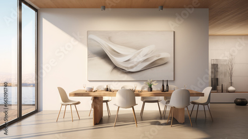 Modern bright dining room interiors with art wallpaper.