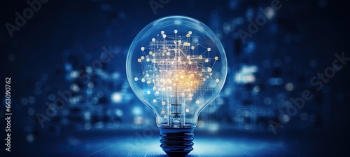 A light bulb with a complex digital network inside against a dark technological background. Artificial intelligence and Innovative technology concept.