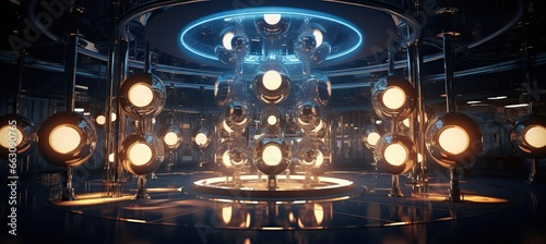 Futuristic interior with round glowing objects and metallic structures. Artificial intelligence and Innovative technology concept.