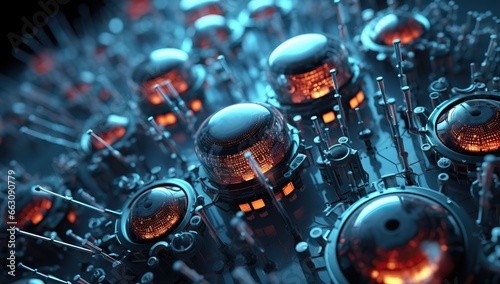 The image depicts futuristic spherical devices with orange lighting and metallic details. Artificial intelligence and Innovative technology concept.