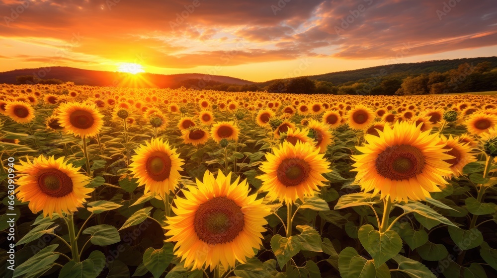sunflower field at sunset with sky