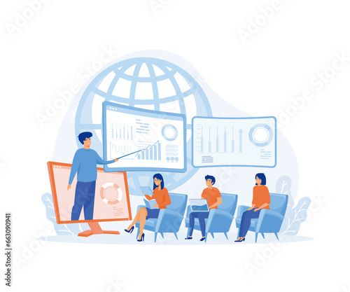 Business Online Training, Seminar or Courses, Mentor Doing Presentation About Marketing, Sales, Report, E-commerce. flat vector modern illustration