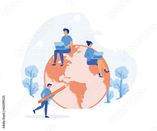 Work from anywhere around the world, remote working. business people sitting around world map on globe working with online computer. flat vector modern illustration