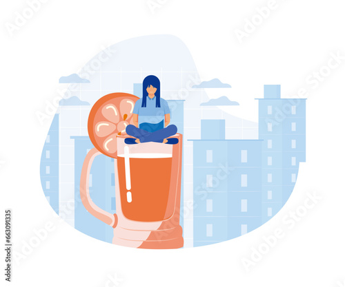 Work anywhere anytime, hybrid work or flexible hour for employee choice to choose where and when to work, relax working remotely with computer laptop in cocktail glass, flat vector modern illustration