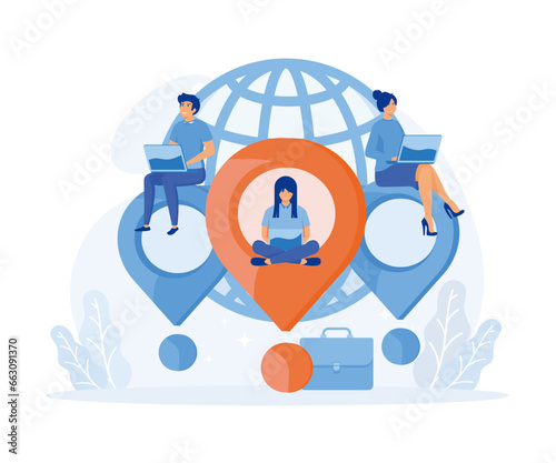Digital nomad, freedom to work anywhere by using computer with internet, work and travel freelancer. flat vector modern illustration